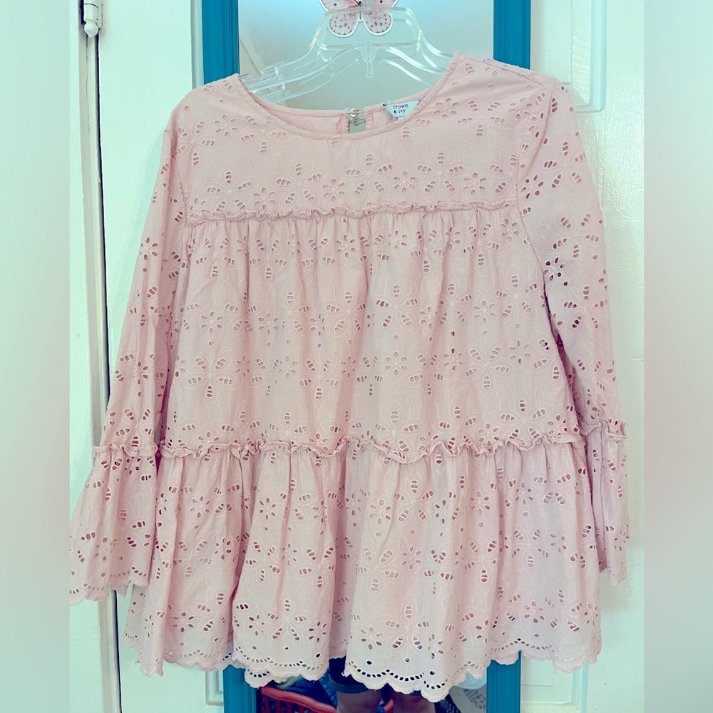 Crown & Ivy tiered eyelet blouse in pale pink